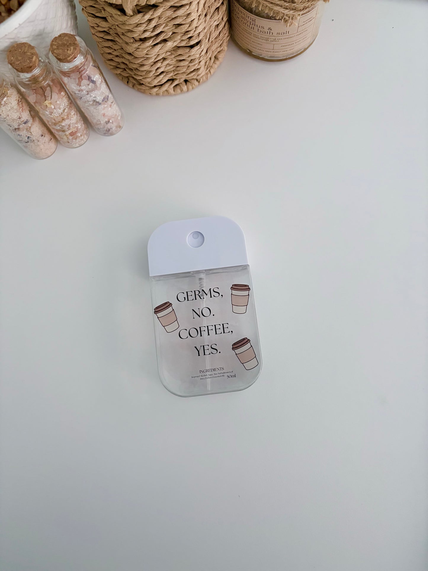 Hand Sanitizer Spray - Germs, no. Coffee, yes.