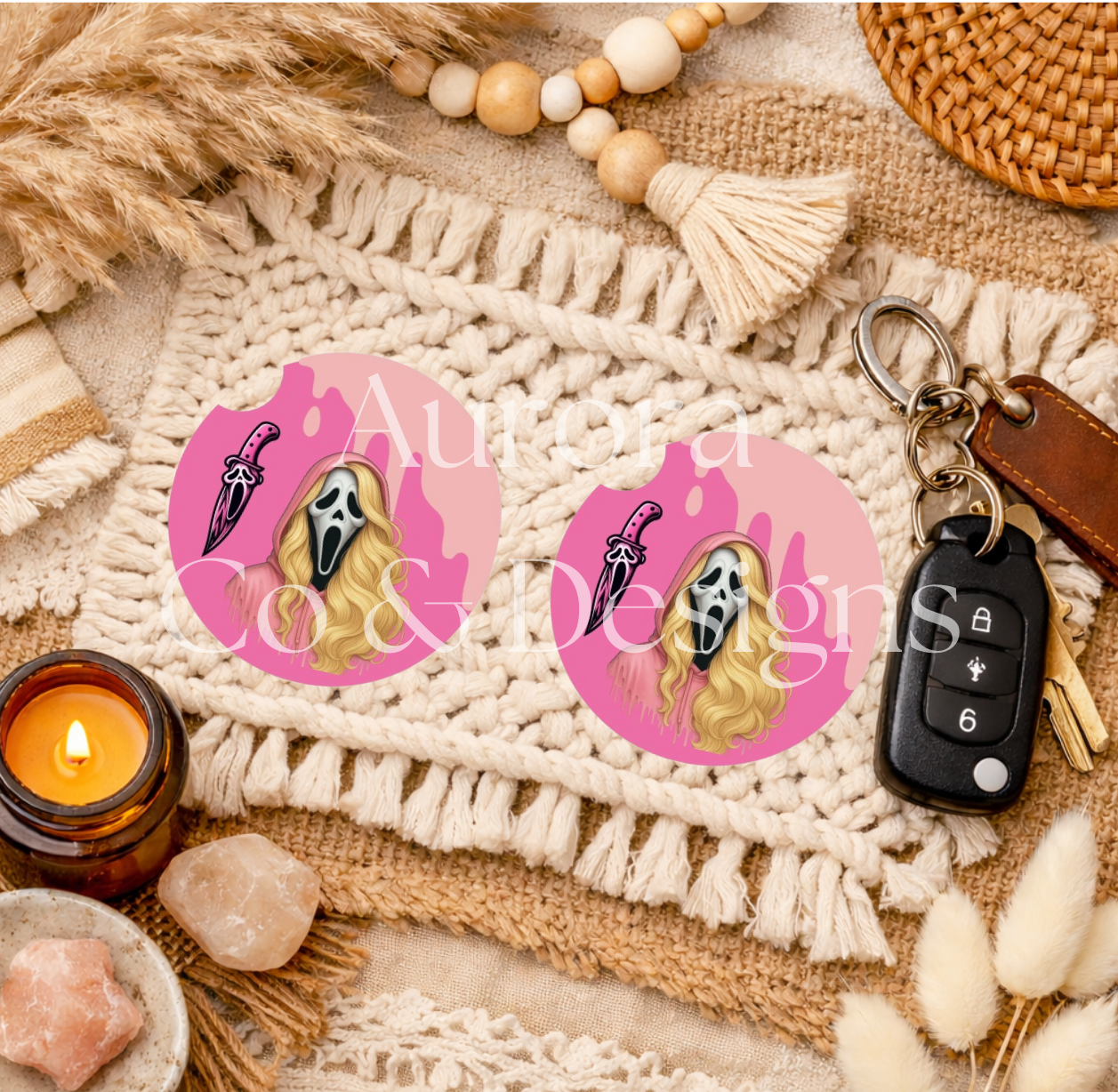 Pink Ghost Face Car Coaster
