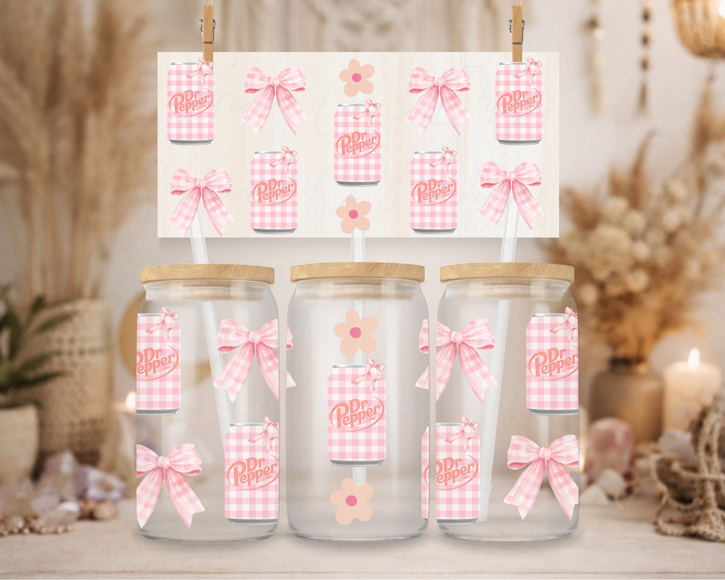 16oz UV DTF - Pink Gingham Dr Pepper