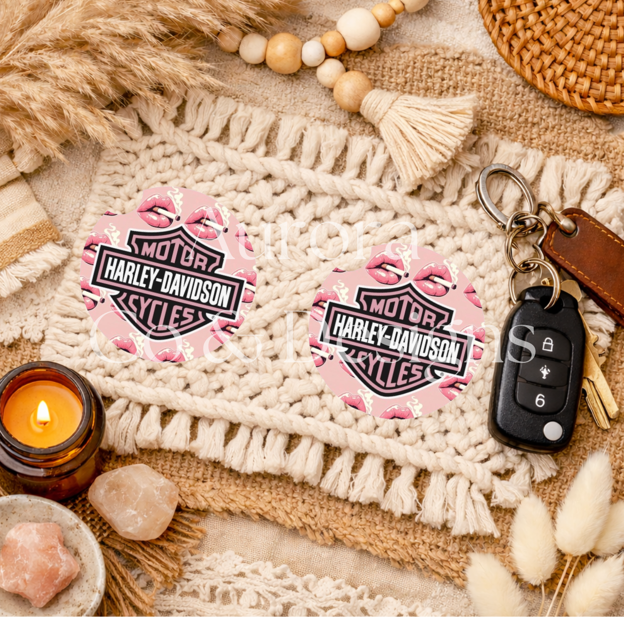 Pink Lips Harley Davidson - Car Coasters