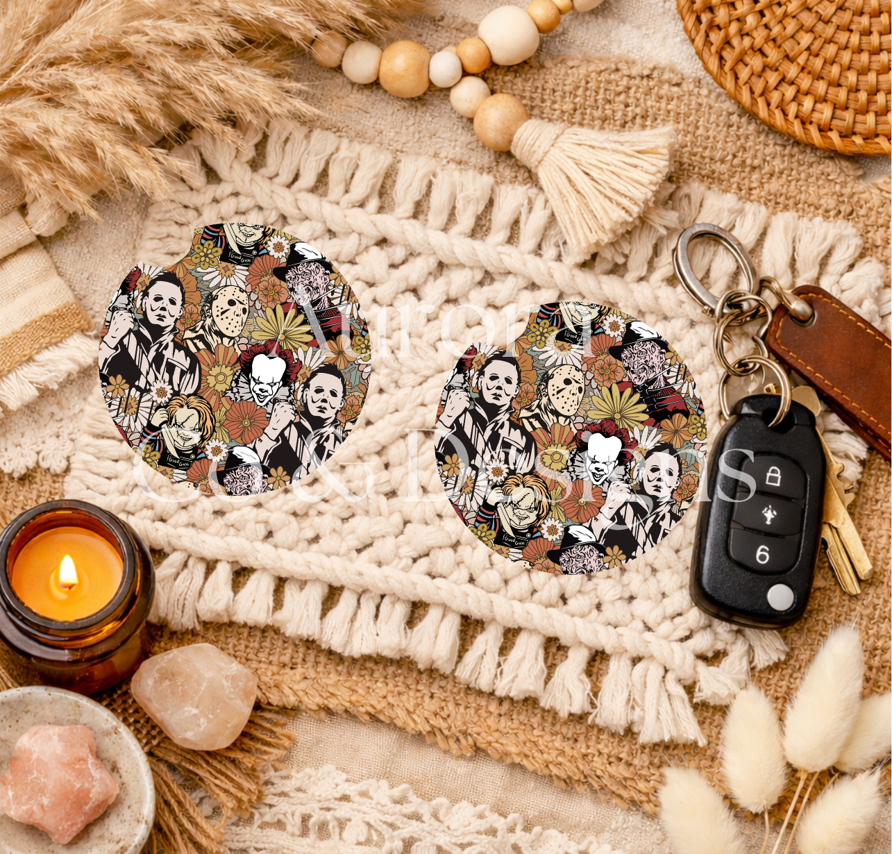 Beige Horror Characters Floral - Car Coasters