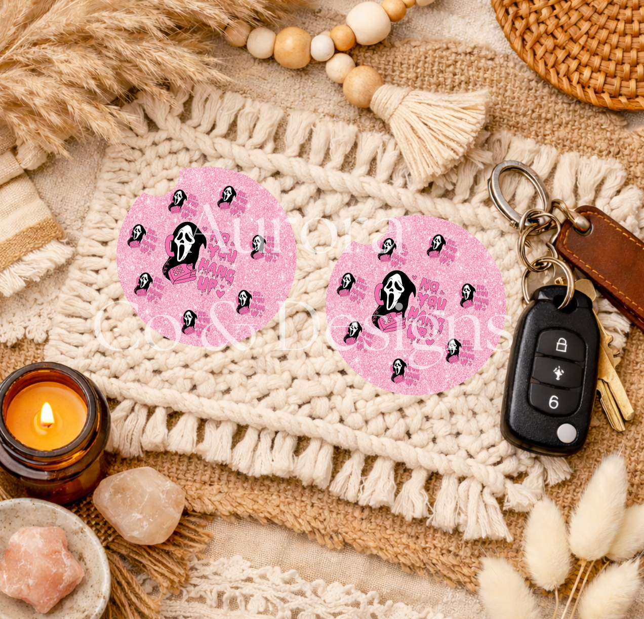 No You Hang Up Pink Glitter - Ghost Face- Car Coasters