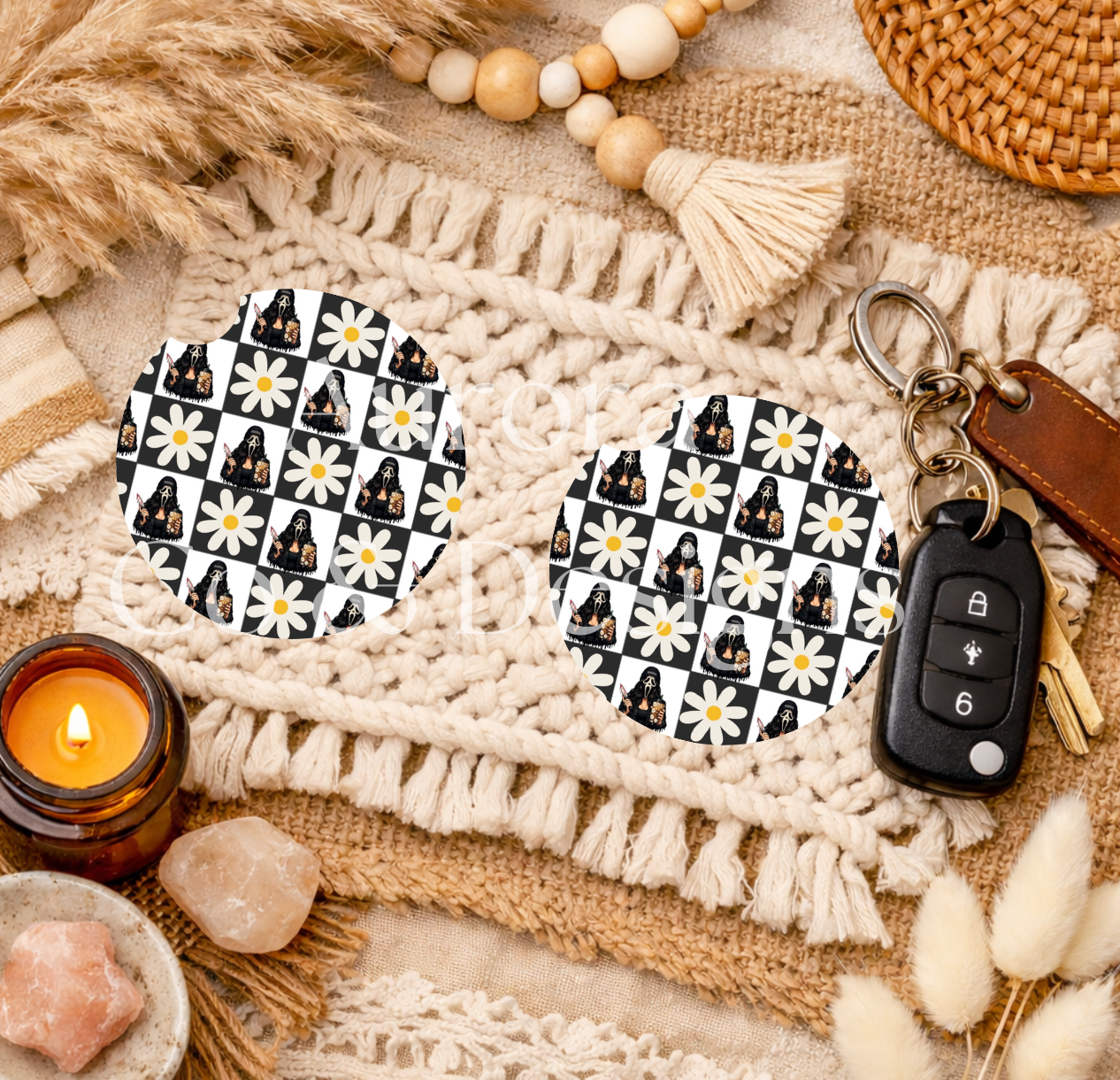 Simple Checker Mama Daisy Ghostface - Car Coasters