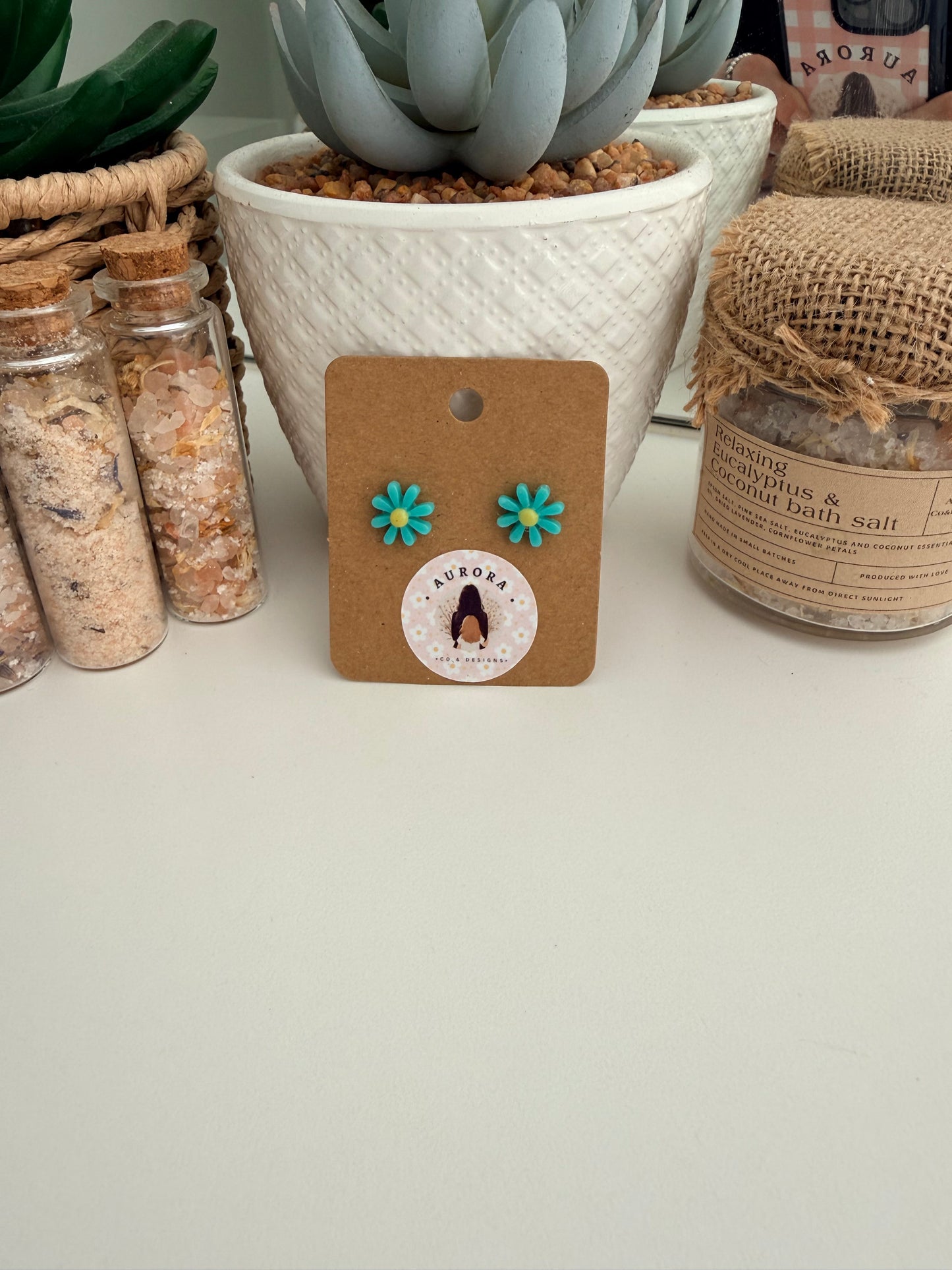 Green Daisy Stud Earrings