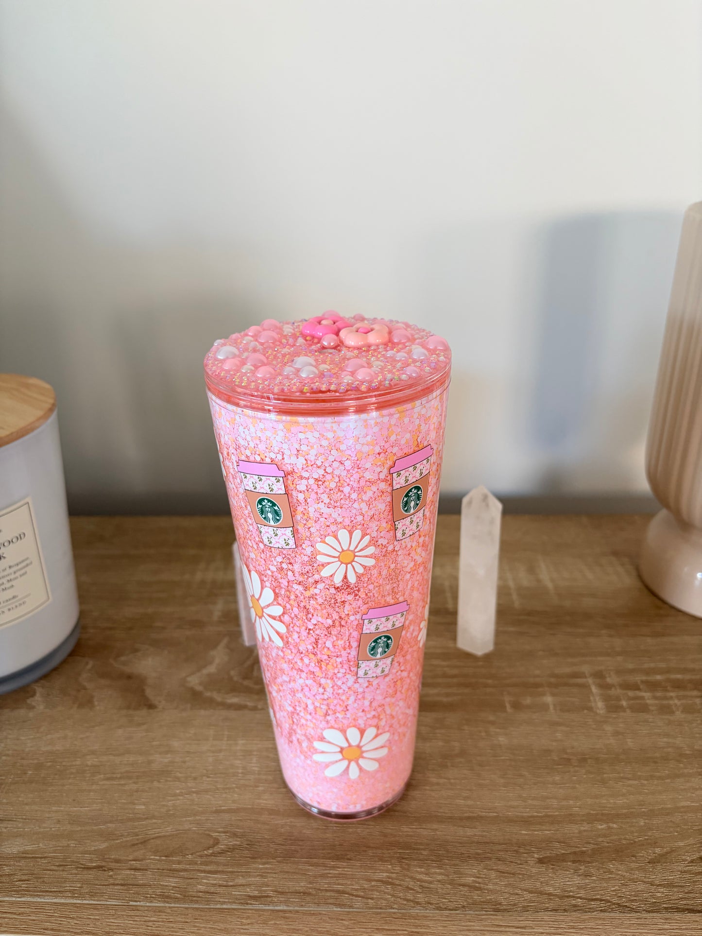 Coffee Daisy- Pre Made Snow Globe Tumbler With Designed lid 24oz