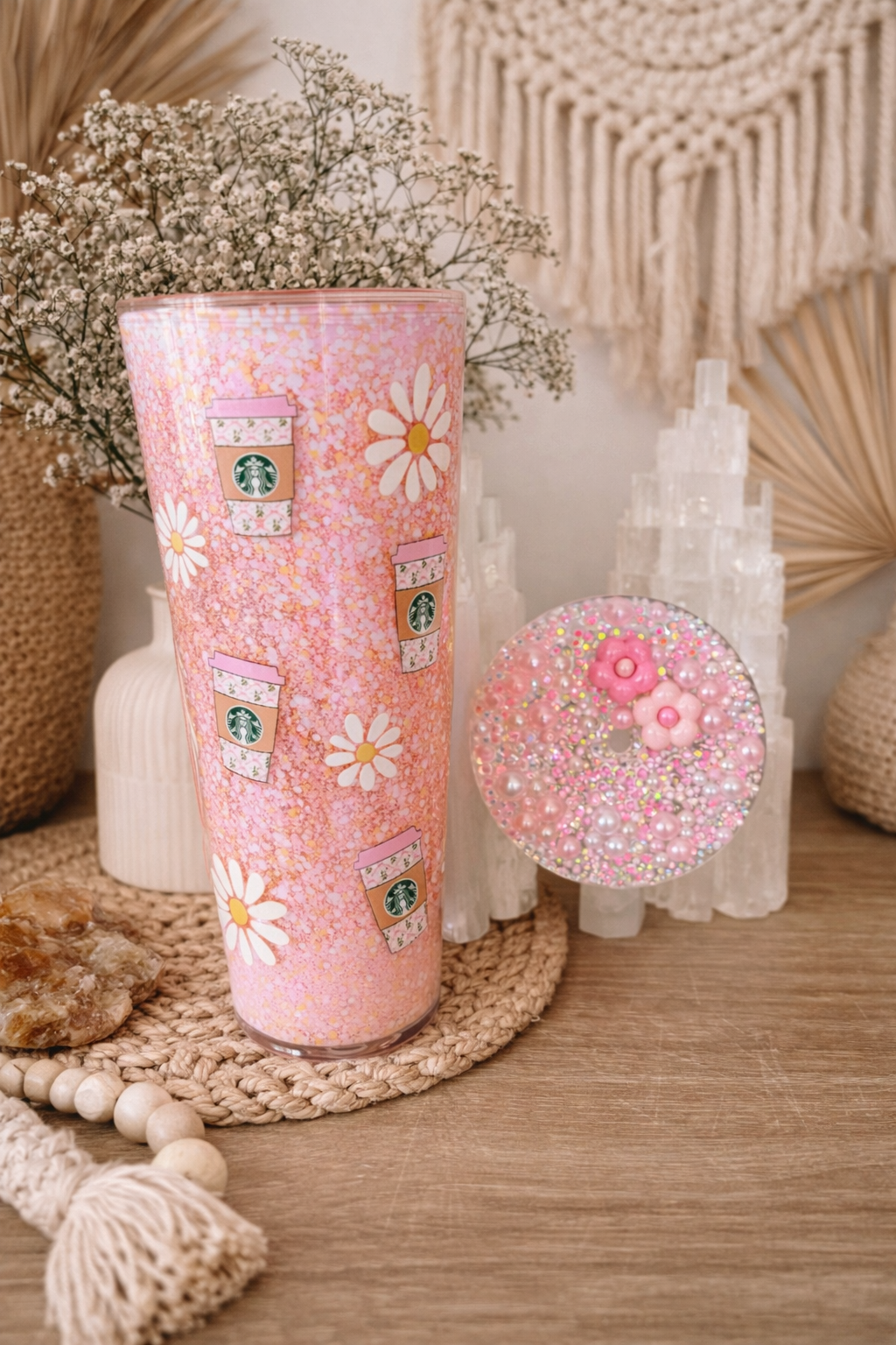 Coffee Daisy- Pre Made Snow Globe Tumbler With Designed lid 24oz