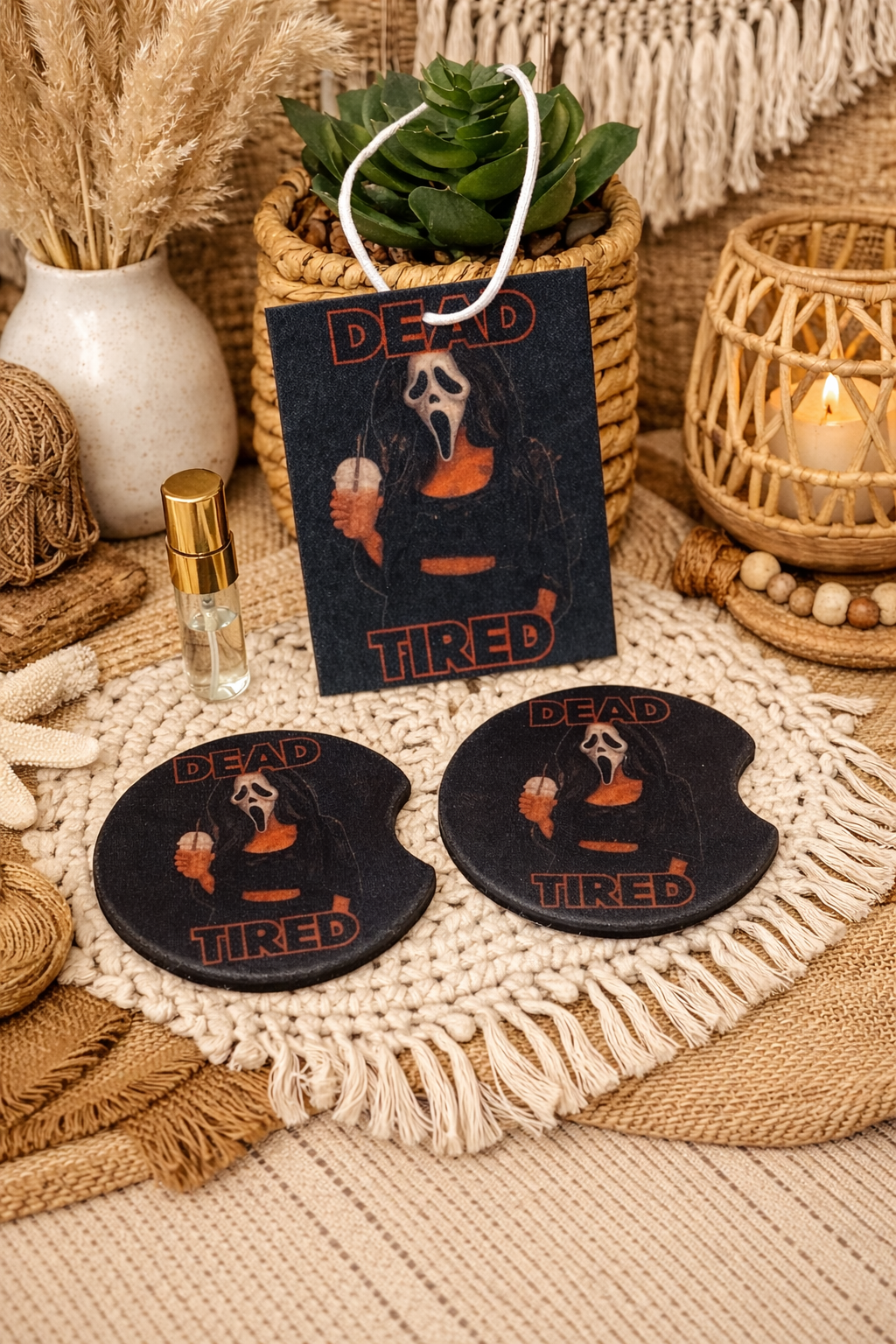 Dead Tired Ghost Face - Car Coaster & Car Air Freshener Set