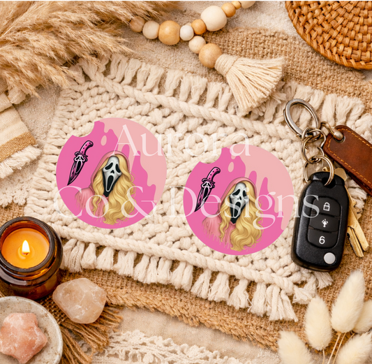 Pink Ghost Face Car Coaster