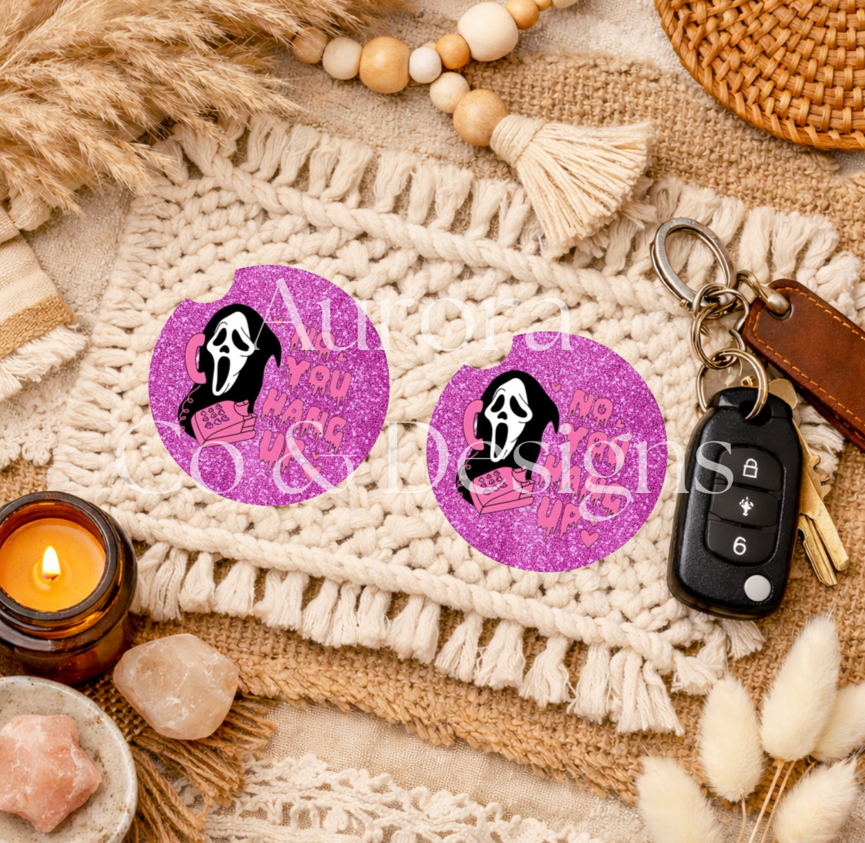 Pink Ghost Face No You Hang Up Car Coaster