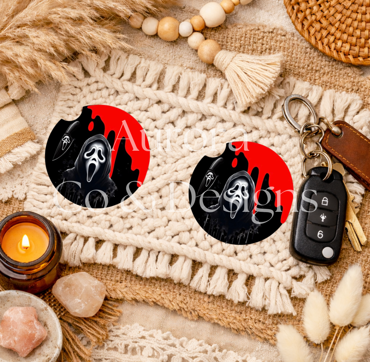 Black Ghost Face Car Coaster