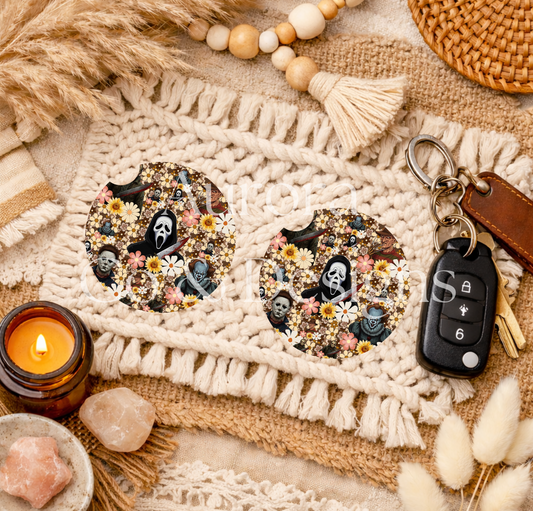 Beige Vintage Horror Characters Floral - Car Coasters