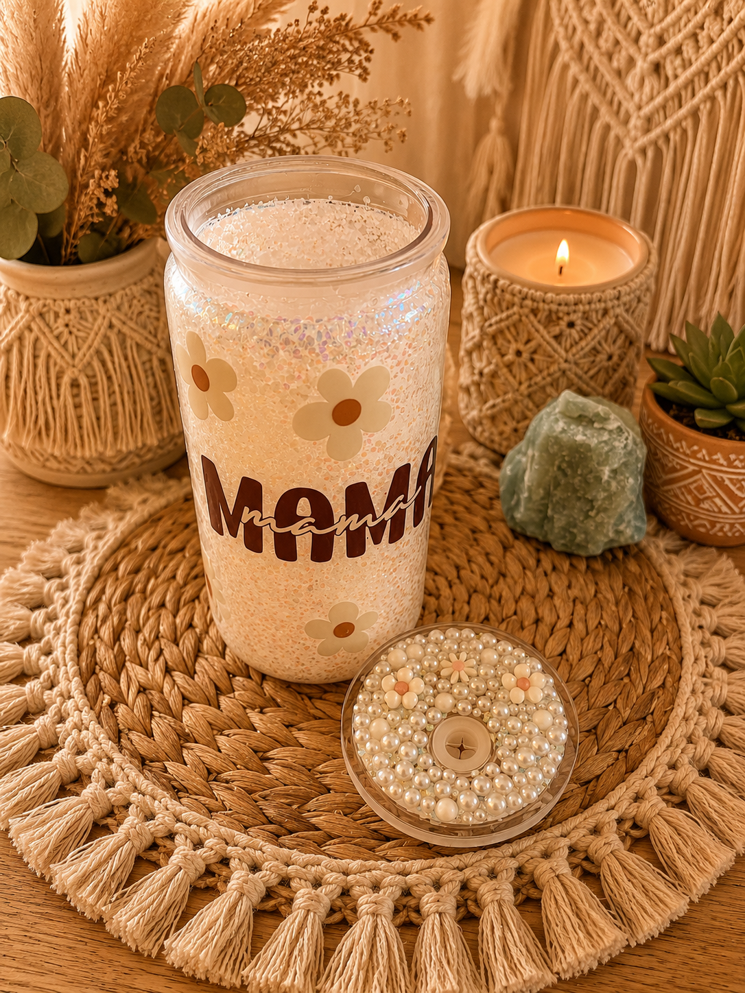 Mama Daisy Snowglobe Tumbler 16oz| Mama Daisy No-Move Glitter Tumbler - Includes embellished lid