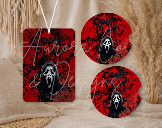 Come Play - Ghostface - Air Freshener & Car Coasters