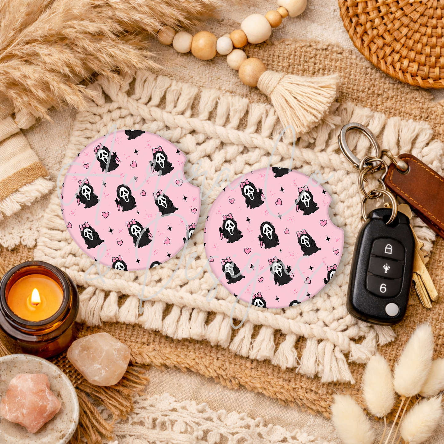 Mini Pink Bow Ghostface - Car Coasters