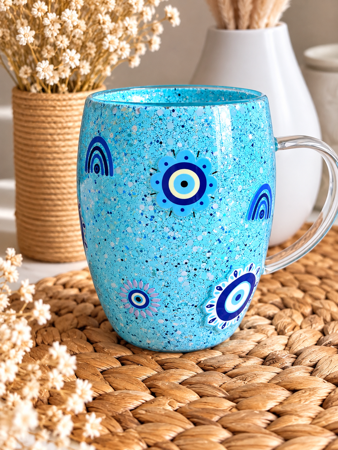 🧿 Evil Eye No-Move Glitter Glass Mug -12oz