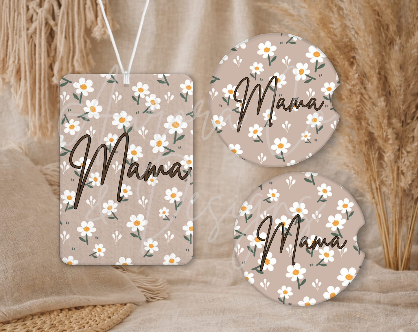 Boho Brown Daisy Mama - Air Freshener & Car Coasters