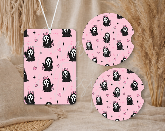 Mini Pink Bow Ghostface  - Air Freshener & Car Coasters