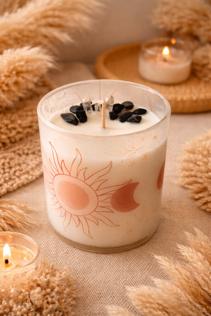 🌞🌙 Celestial Aura Candle – Little Black Dress  - Black Obsidian & Clear Quartz - 250g