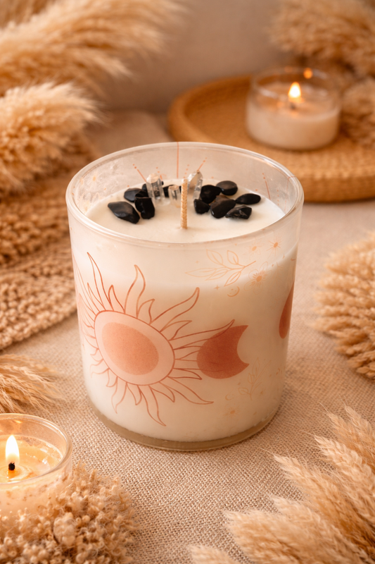 🌞🌙 Celestial Aura Candle – Little Black Dress  - Black Obsidian & Clear Quartz - 250g