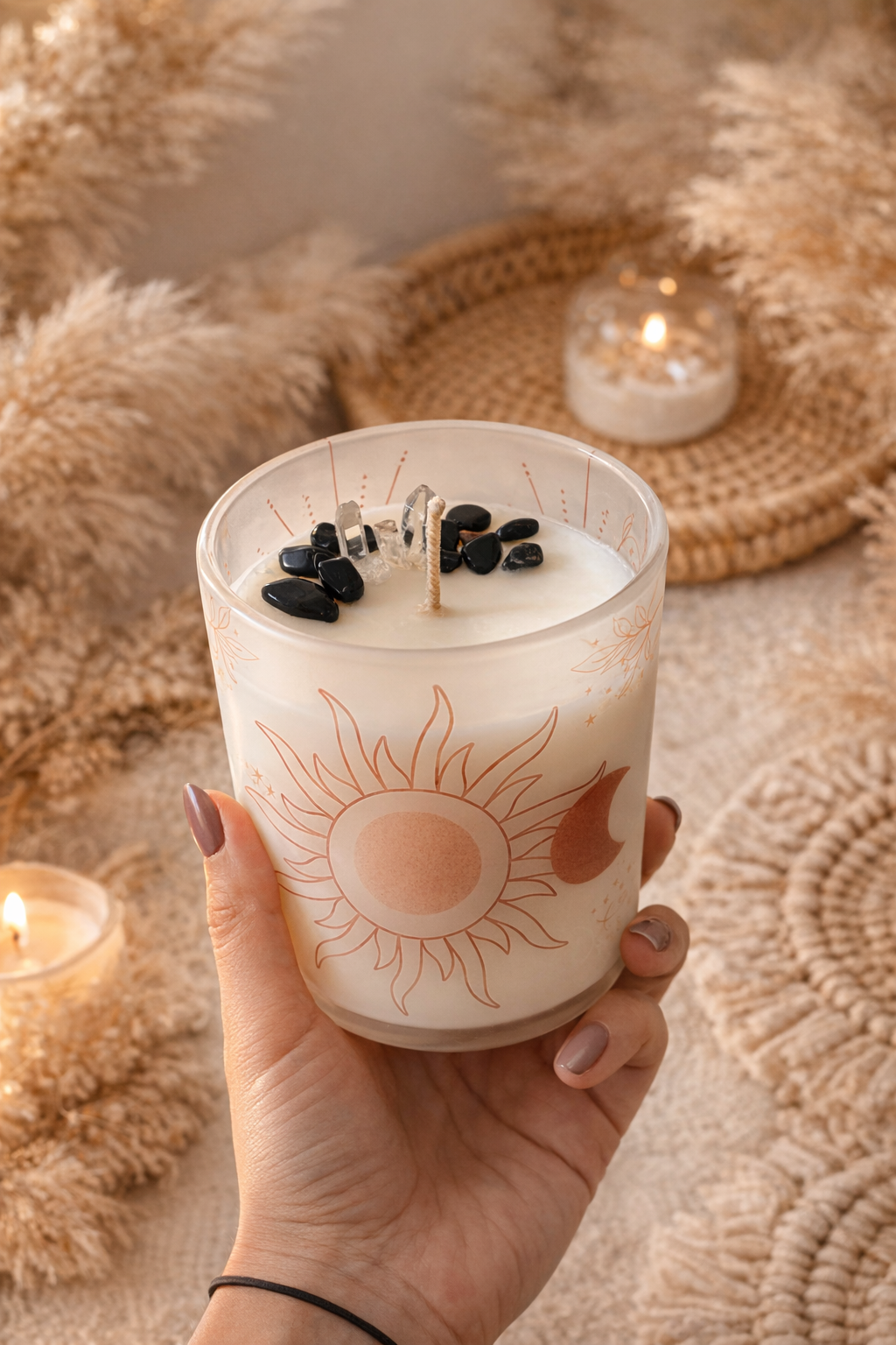 🌞🌙 Celestial Aura Candle – Little Black Dress  - Black Obsidian & Clear Quartz - 250g