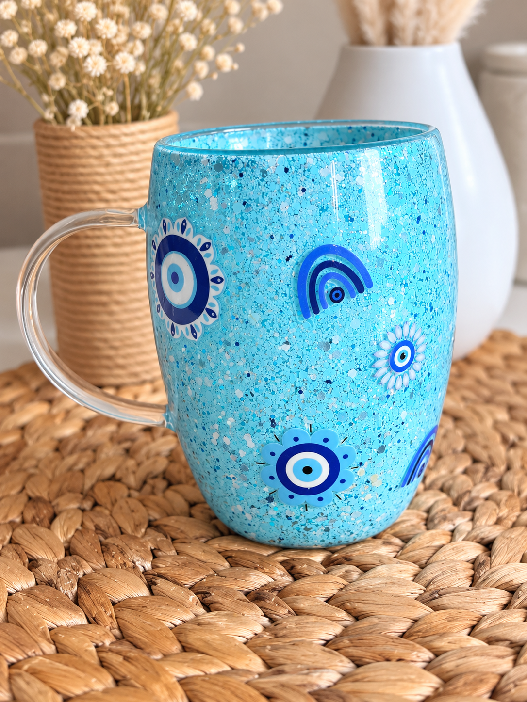 🧿 Evil Eye No-Move Glitter Glass Mug -12oz
