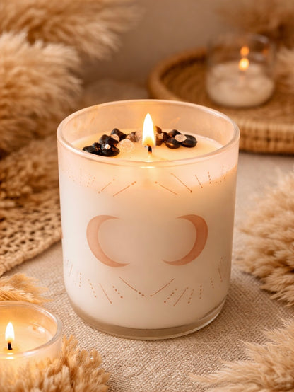 🌞🌙 Celestial Aura Candle – Little Black Dress  - Black Obsidian & Clear Quartz - 250g
