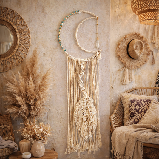 Moon Phase Macramé Wall Hanging – Clear Quartz & Amazonite