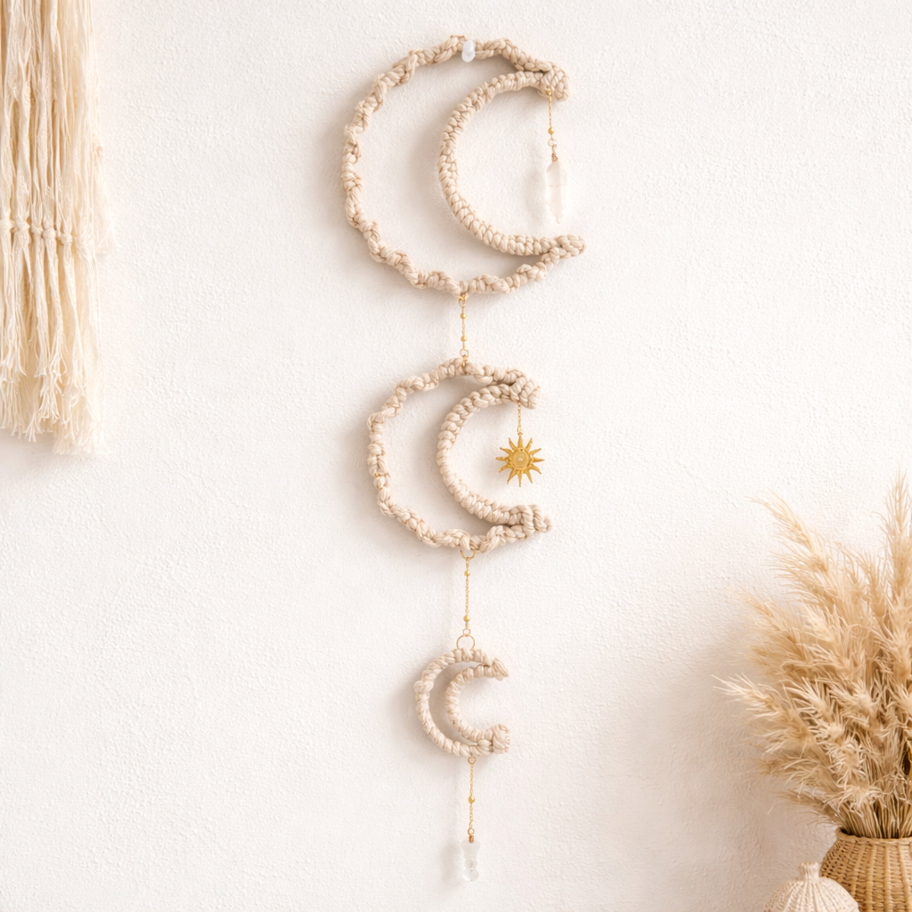 Triple Moon Macramé Wall Hanging – Crystal Edition