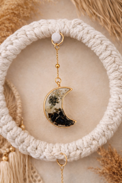 Black Obsidian & Clear Quartz Macrame Moon Hanger 🌙