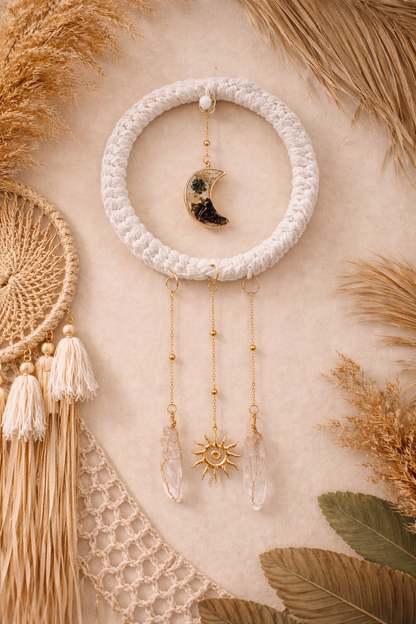 Black Obsidian & Clear Quartz Macrame Moon Hanger 🌙