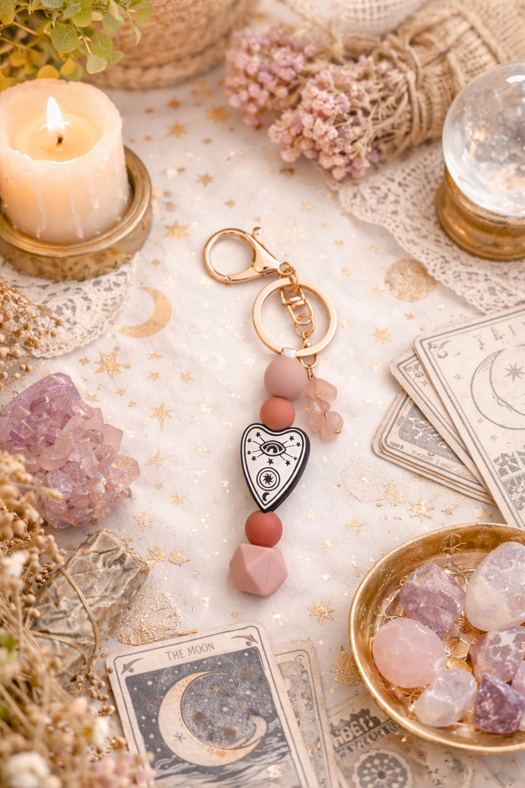 Rose Quartz Planchette Keyring ✧ Witchy Boho Charm