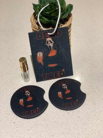 Dead Tired Ghost Face - Car Coaster & Car Air Freshener Set