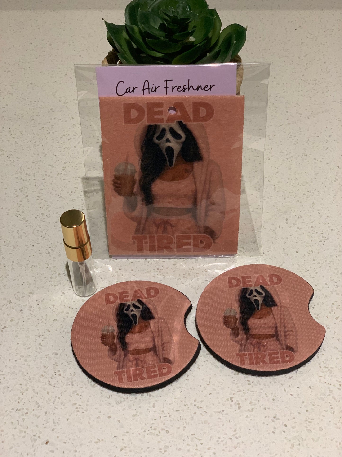 Dead Tired Ghost Face - Car Coaster & Car Air Freshener Set