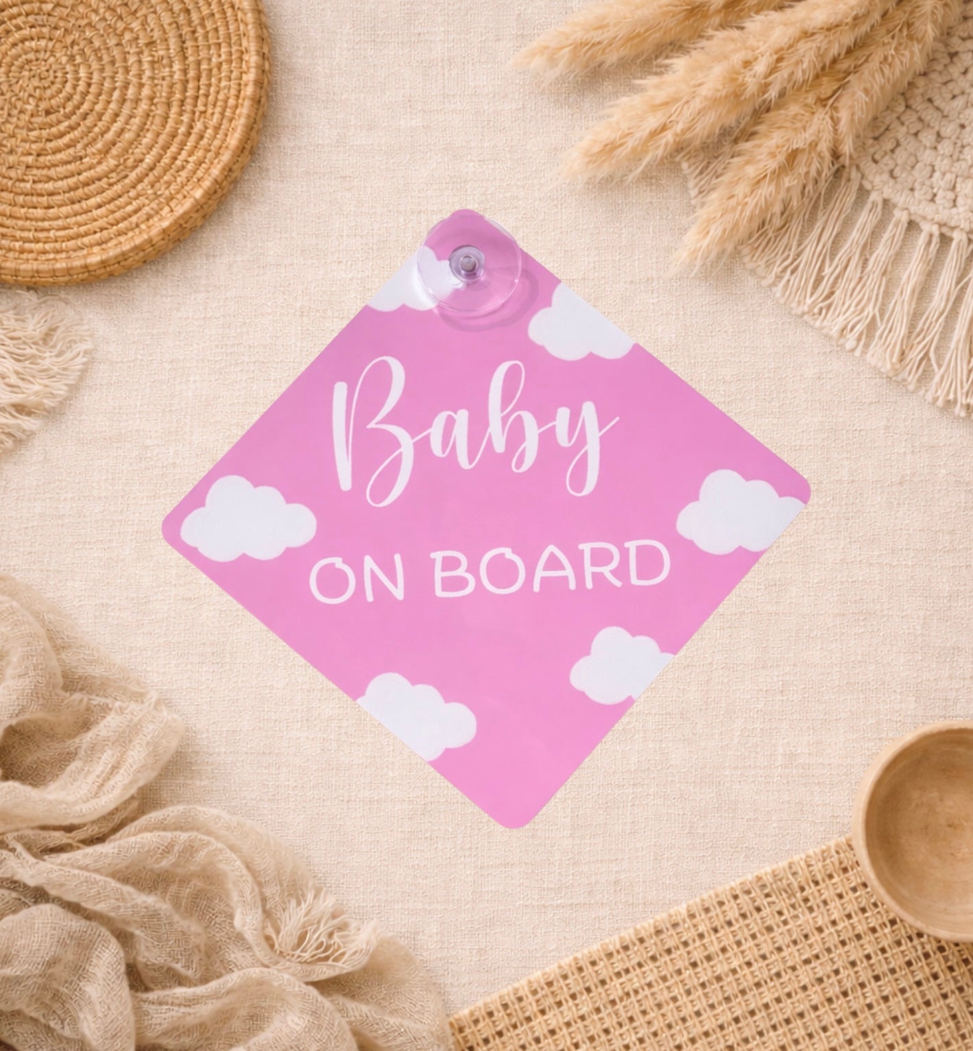 Baby On Board Car Sign - Pink Clouds