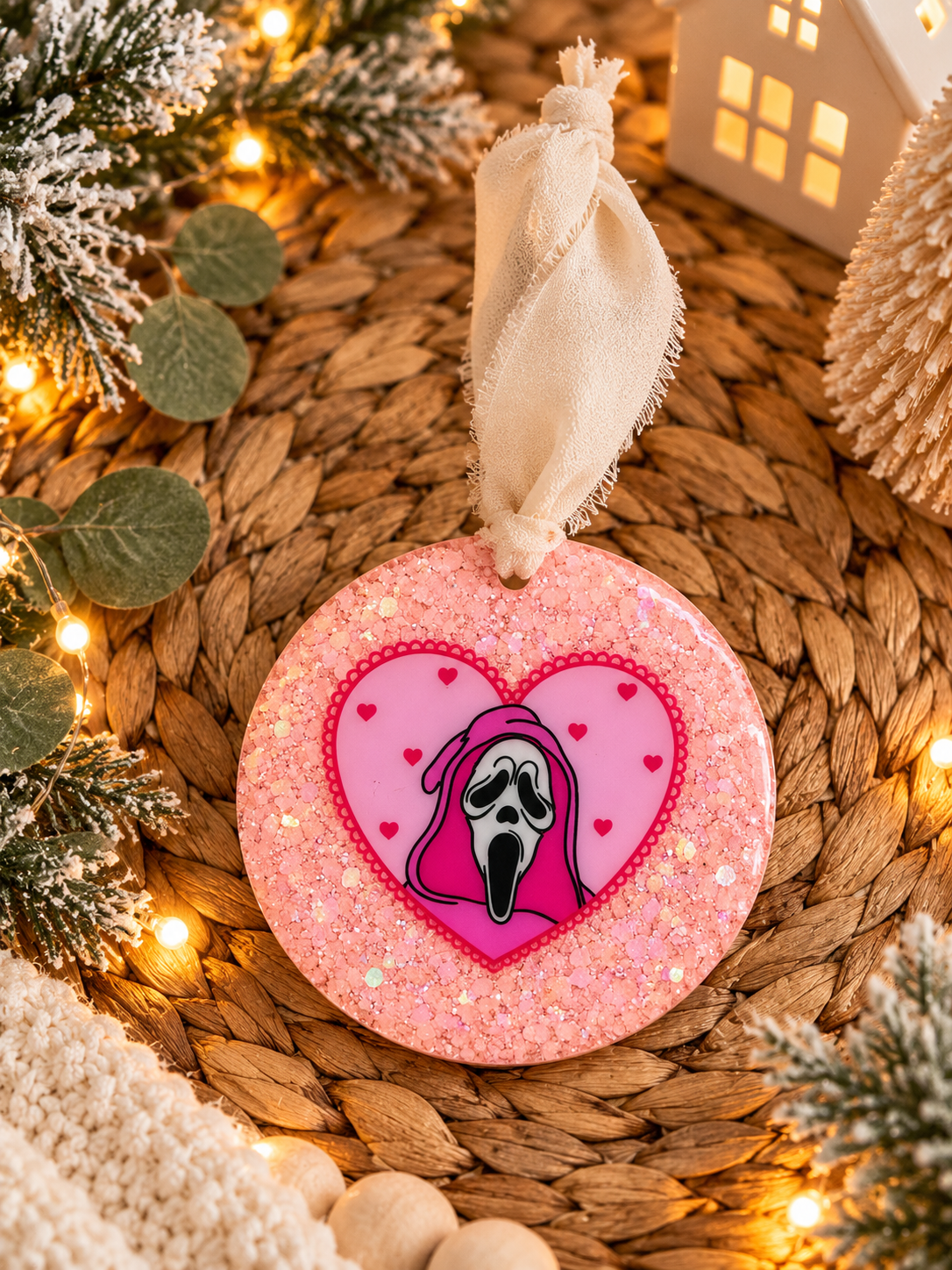 Ghostface Pink Glitter Christmas Ornament